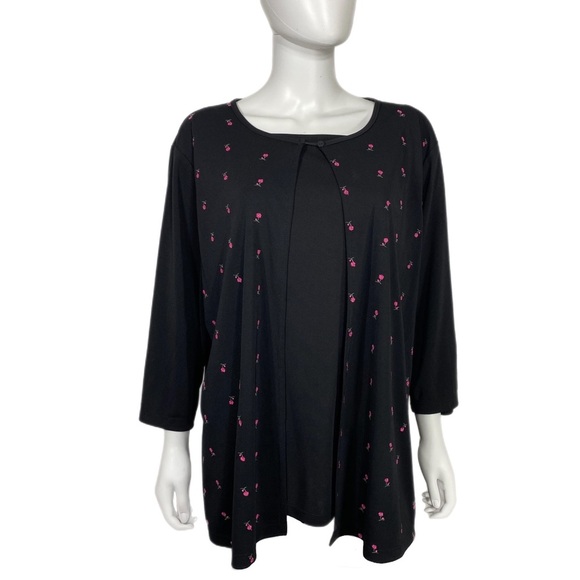 Notations Layered 3/4 Sleeve Embroidered Pink Flower Black Blouse - Picture 1 of 6